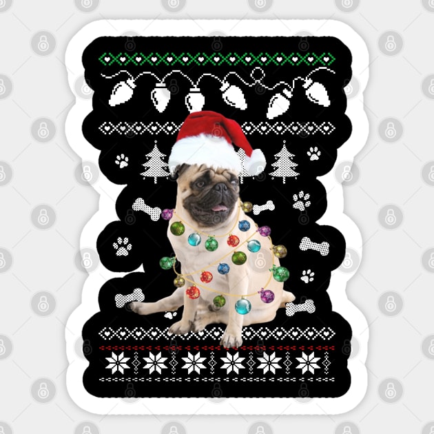 PUG Dog Christmas Light Santa Hat Ugly Sweater Sticker by QUYNH SOCIU